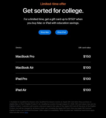 Apple Expands Back-to-School Offer With Gift Cards on Select Macs and iPads